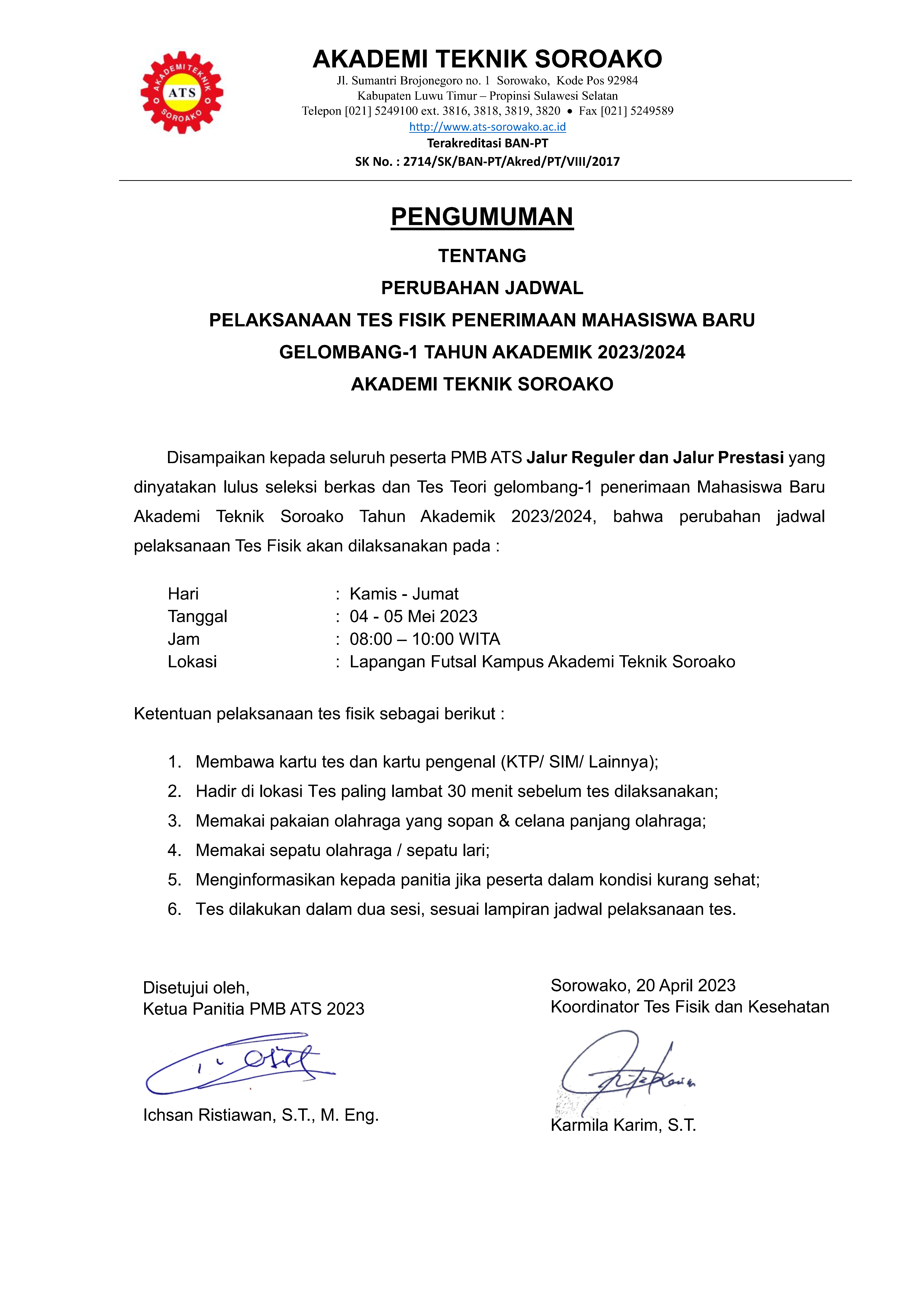 PMB 2023: [REVISI] Pengumuman Jadwal Pelaksanaan Tes Fisik PMB ...